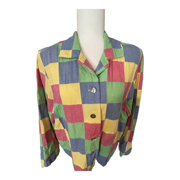 Vintage Women's Button Down Cotton Pastel Patchwork Shirt Shacket Size 16 - Picture 5 of 10